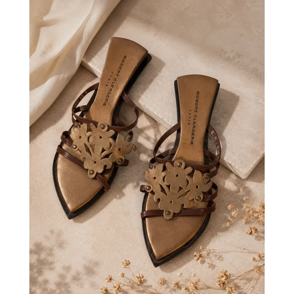 Robert Clergerie Paris Leather Floral Strappy Flat Sandals Brown Bronze Size 7